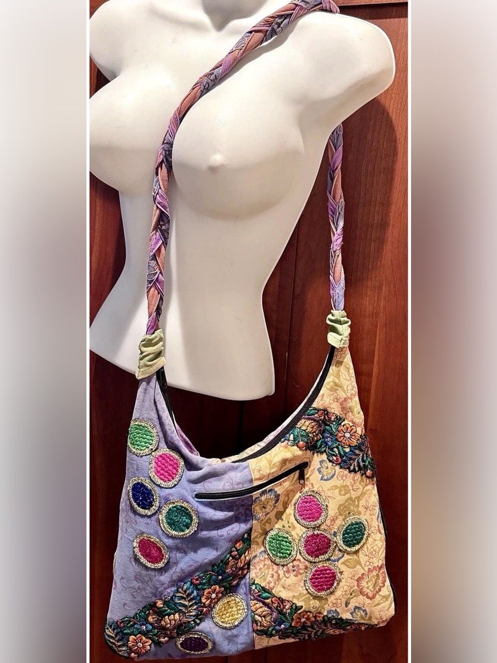 💙BLUE SKY💙 COTTON CANVAS LINEN TIE-DYE FLORAL EMBROIDERY 9 POCKET ZIP AROUND BAG - Picture 4 of 16